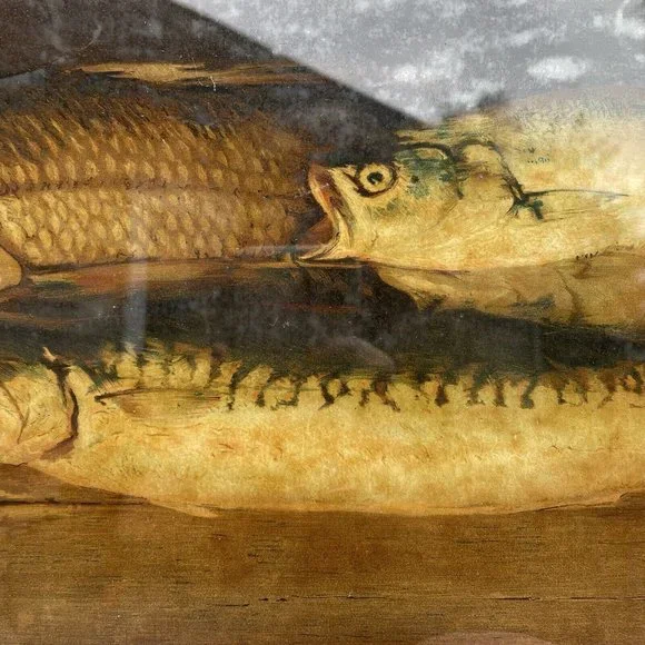 RARE Antique Victorian Flue Cover Fish Trade Advertise Nautical Glass Lithograph
